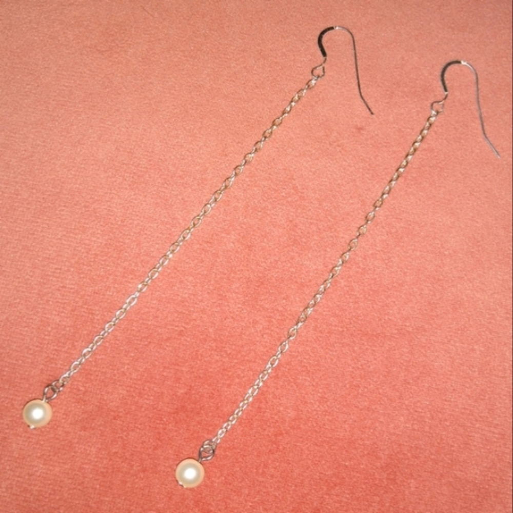 Long Pearl Chain Dangle Earrings Minimalist Solid 925 Sterling Silver Ear Wires